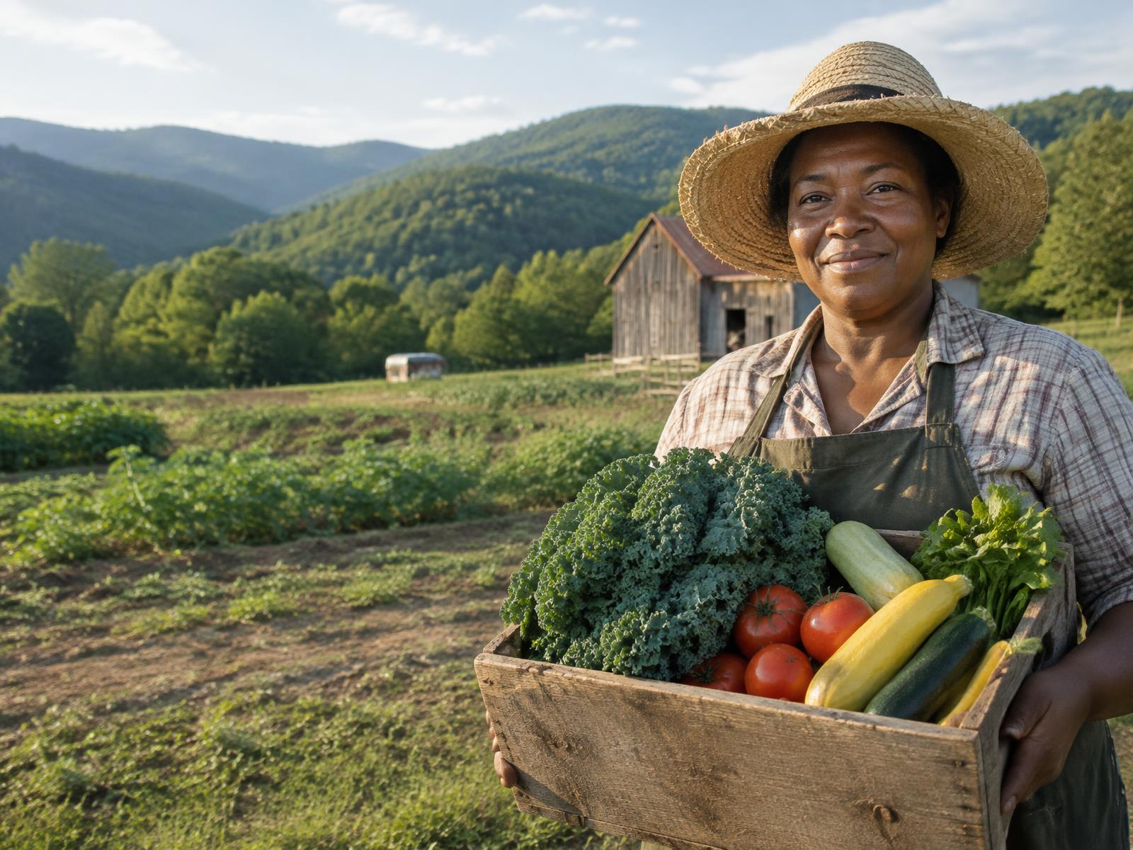 A Black farmer holding a crate of fresh collard greens and tomatoes on an Appalachian hillside farm